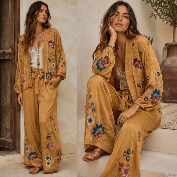 Johnny Was Jackets & Blazers - Johnny Was Workshop Embroidered 2 Pc Silk Blend Kimono Jacket Wide Leg Pant Set